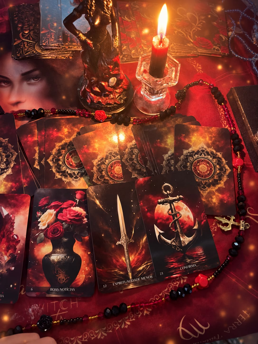 Mesa de jogos com cartas de tarô, velas e a imagem de Pombagira